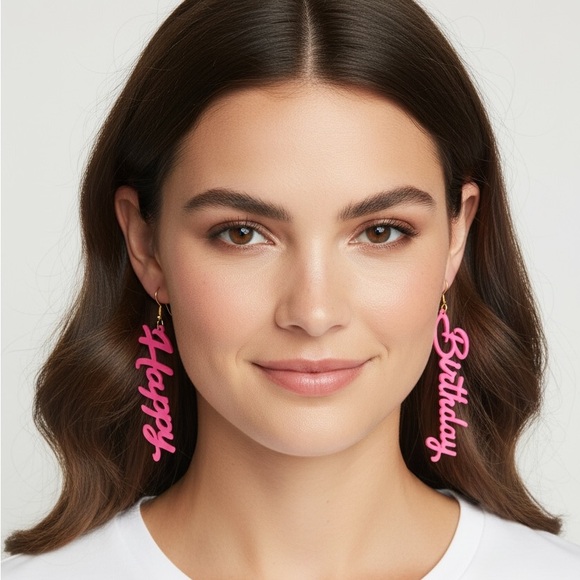 Jewelry - Playful Pink 'Happy' & 'Birthday' Script Drop Earrings - Women Jewelry Earrings